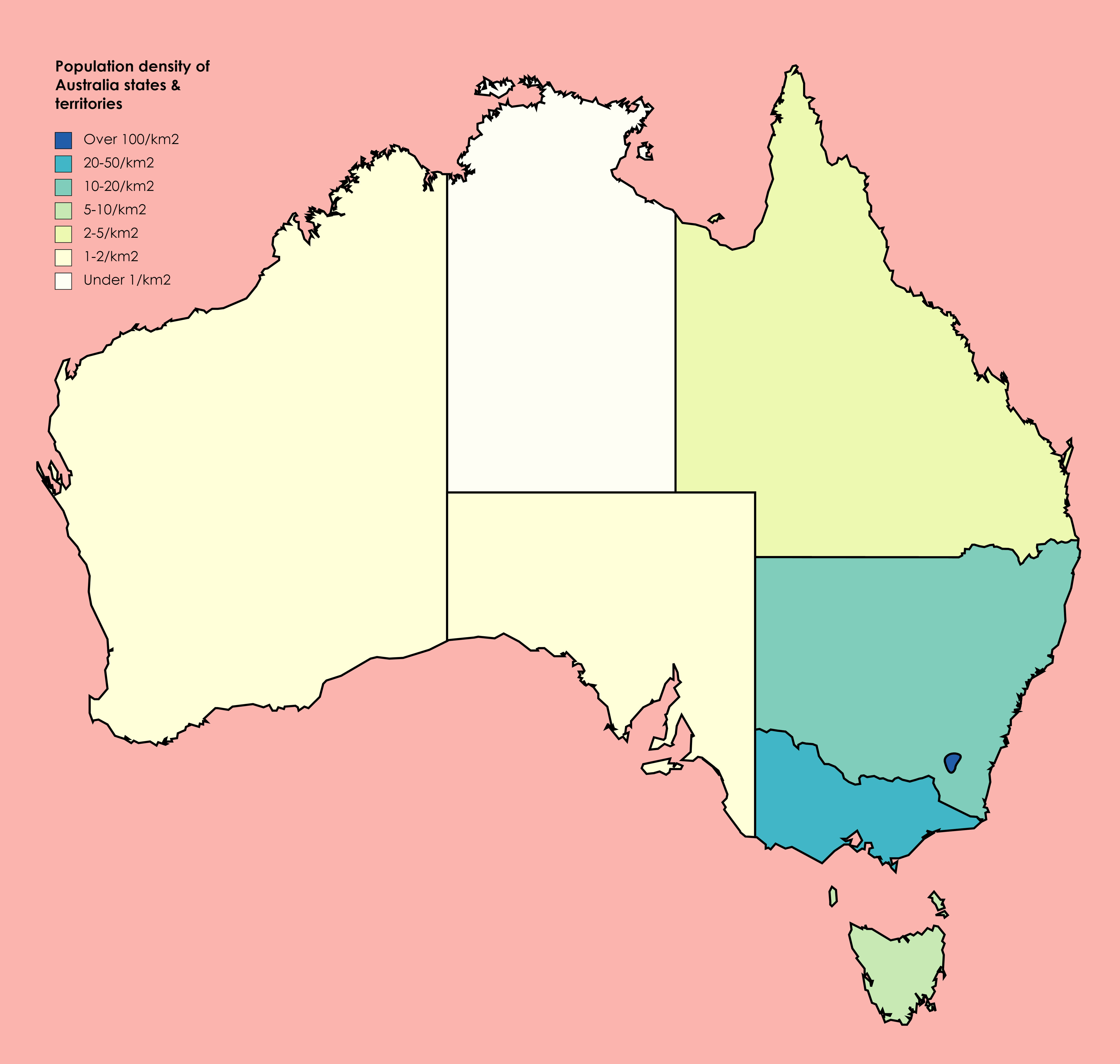 Population density of Australian state and territories (2021)