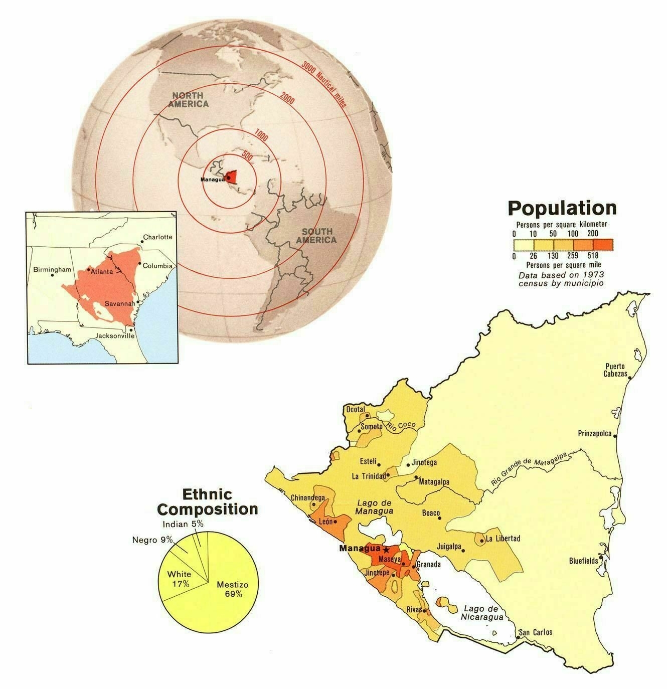 Nicaragua population density (1973), ethnic composition and size